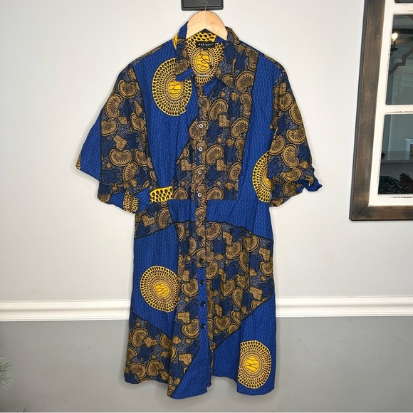 NWOT Mae Otti African Blue and Yellow Patterned Button-Up Dress - Picture 1 of 5